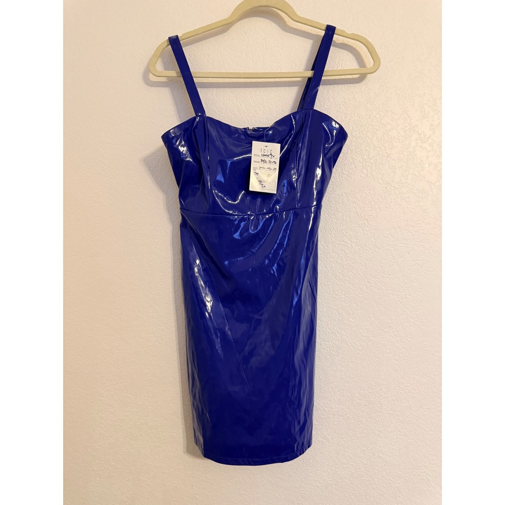 TCEC Royal Blue Patent Vinyl Mini Dress Square Neck Spaghetti Strap - Picture 2 of 6